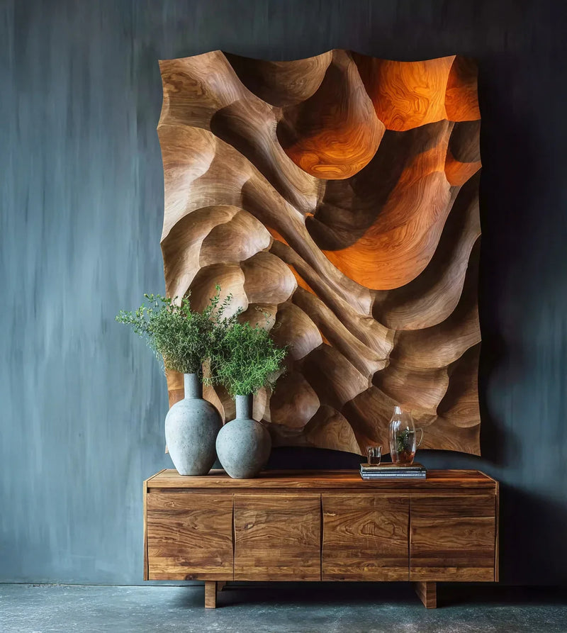 Modern wooden sideboard with two large vases and abstract carved wooden wall art in a minimalist room