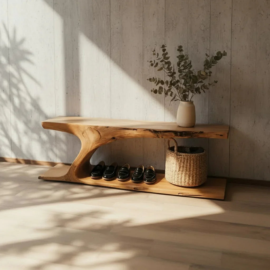 Live edge wooden bench with vase, basket, and shoe storage in sunlit modern room