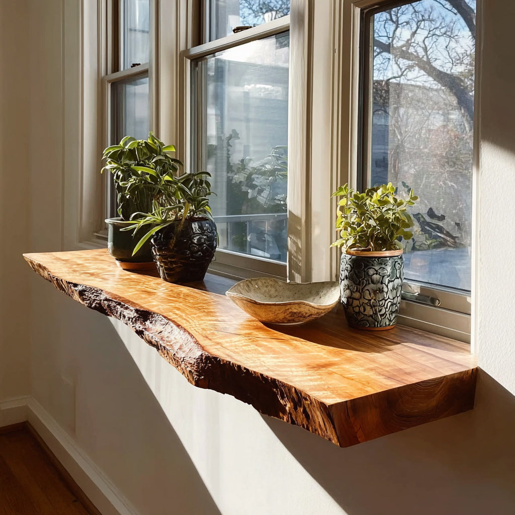 Live edge wooden floating shelf by windows with potted plants and ceramic bowl in natural sunlight