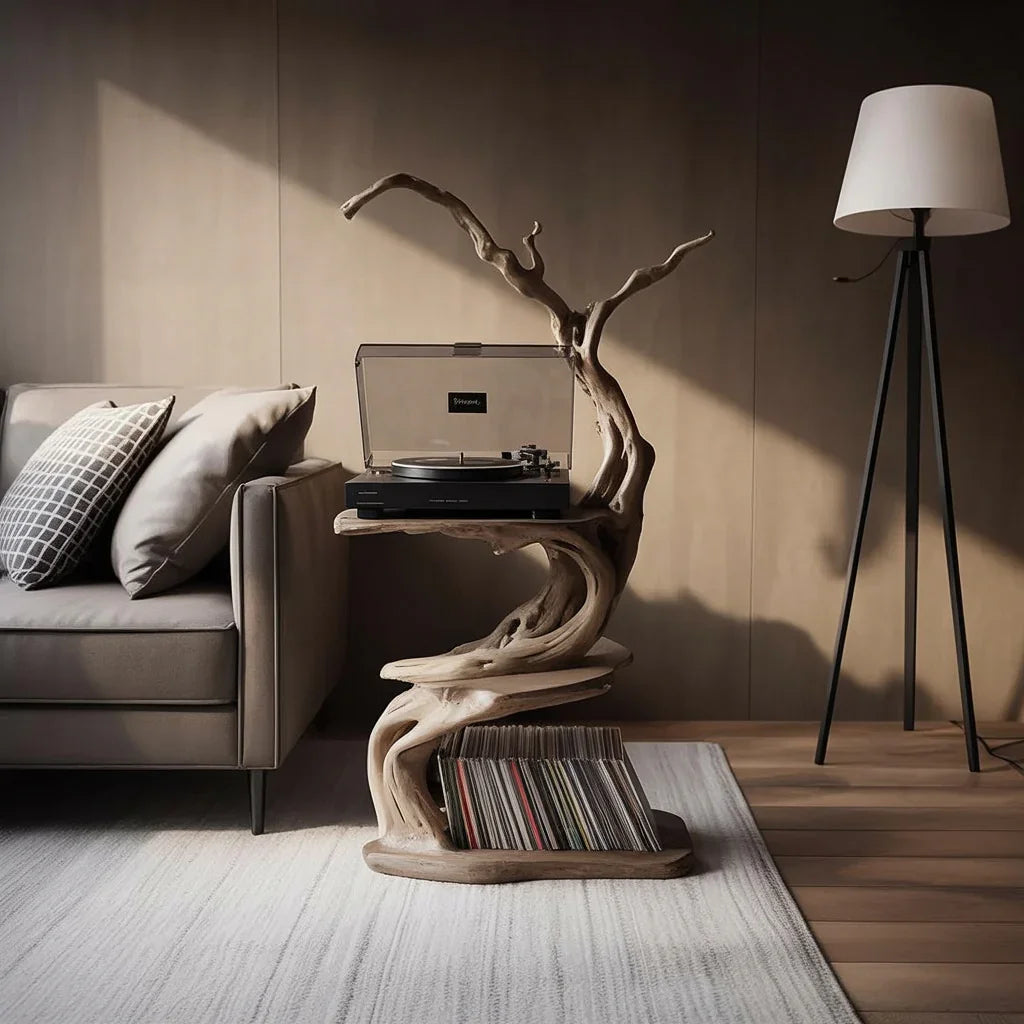 Live edge solid wood record player stand with vinyl storage, in modern living room