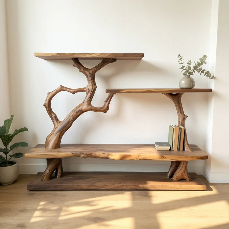 Unique wooden tree-branch bookshelf with books and vase in minimalist bright room