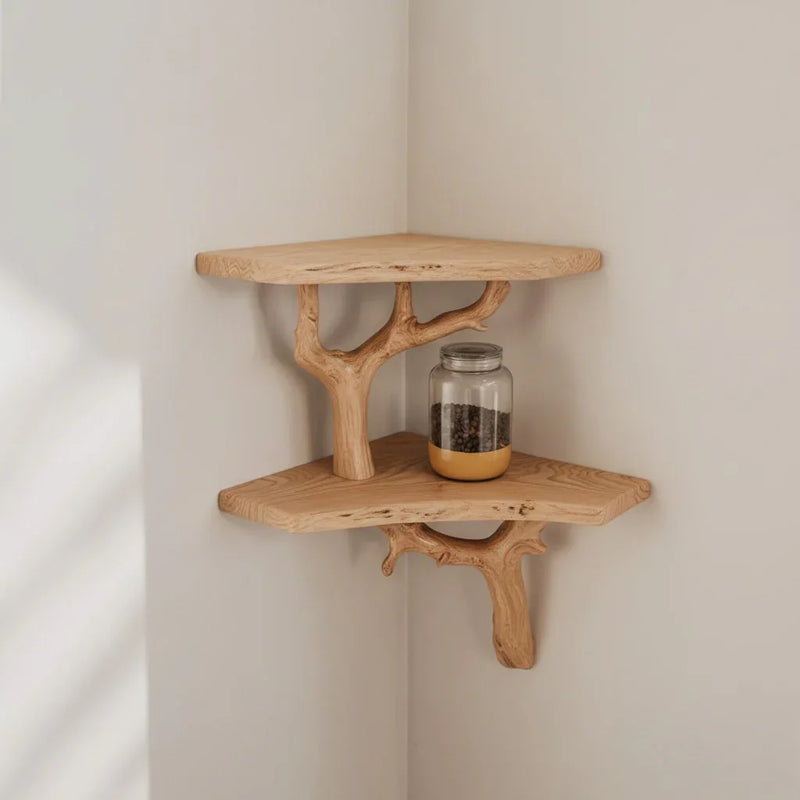 Solid wood corner shelves with branch supports, featuring a glass jar for home decor