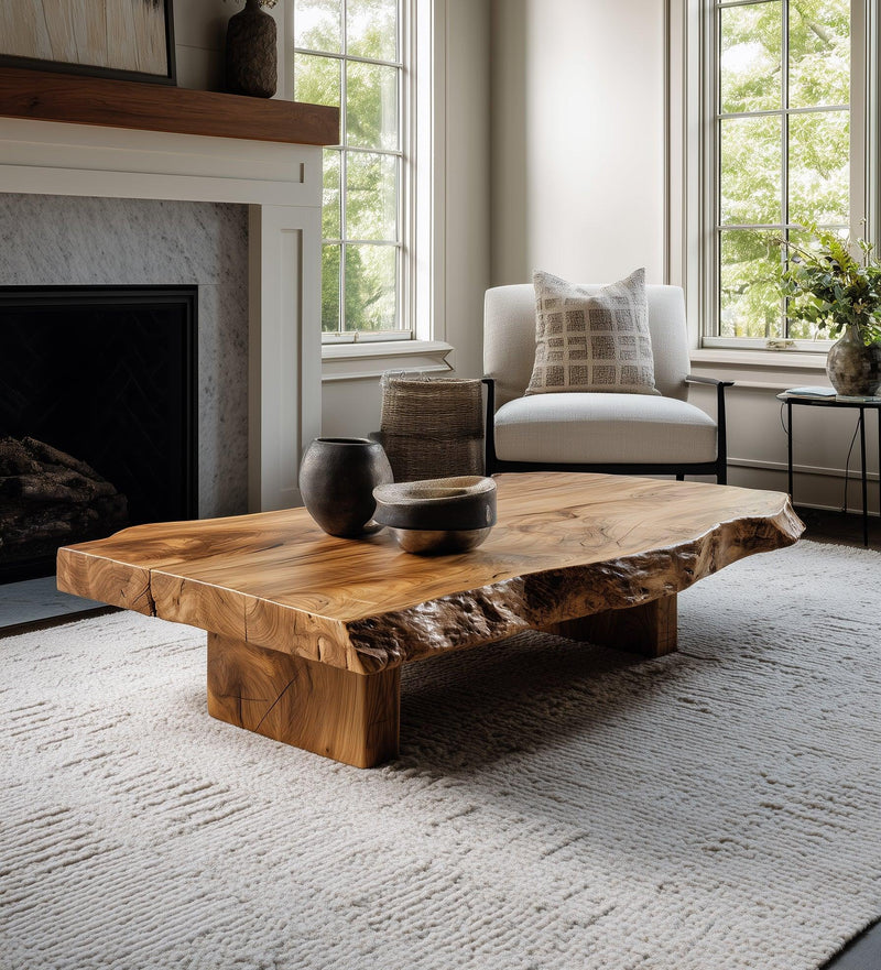 Living room with natural wood slab coffee table, white armchair, vases, fireplace, and large windows