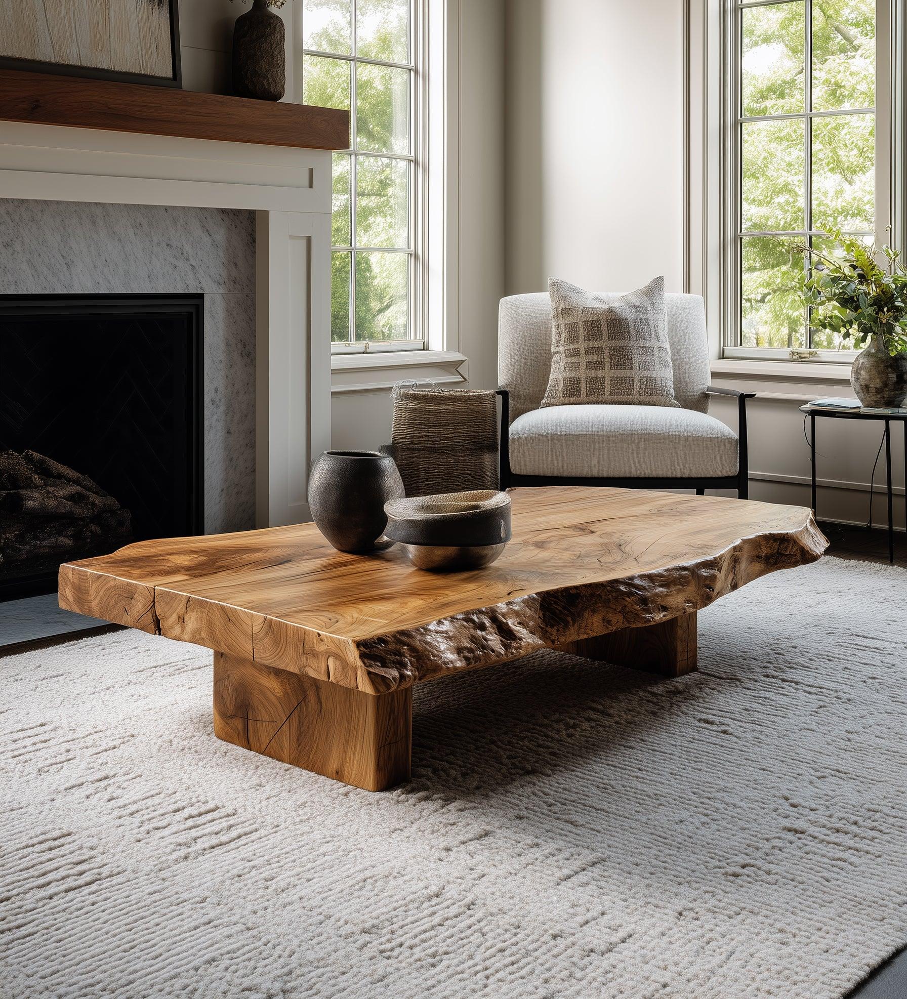 Living room with natural wood slab coffee table, white armchair, vases, fireplace, and large windows