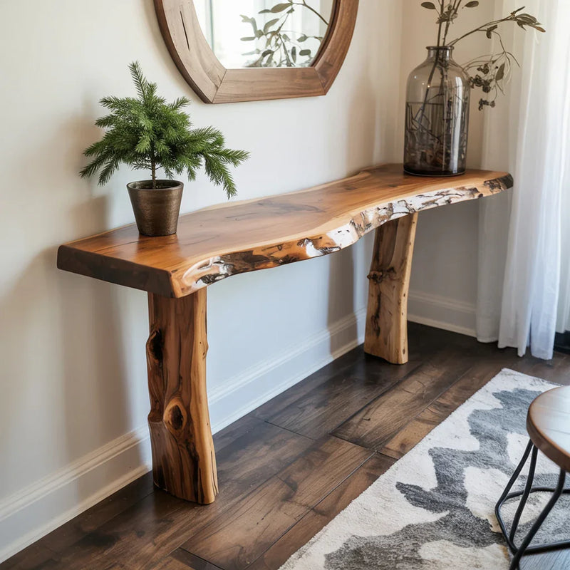 Live edge solid wood console table with natural finish in modern entryway decor