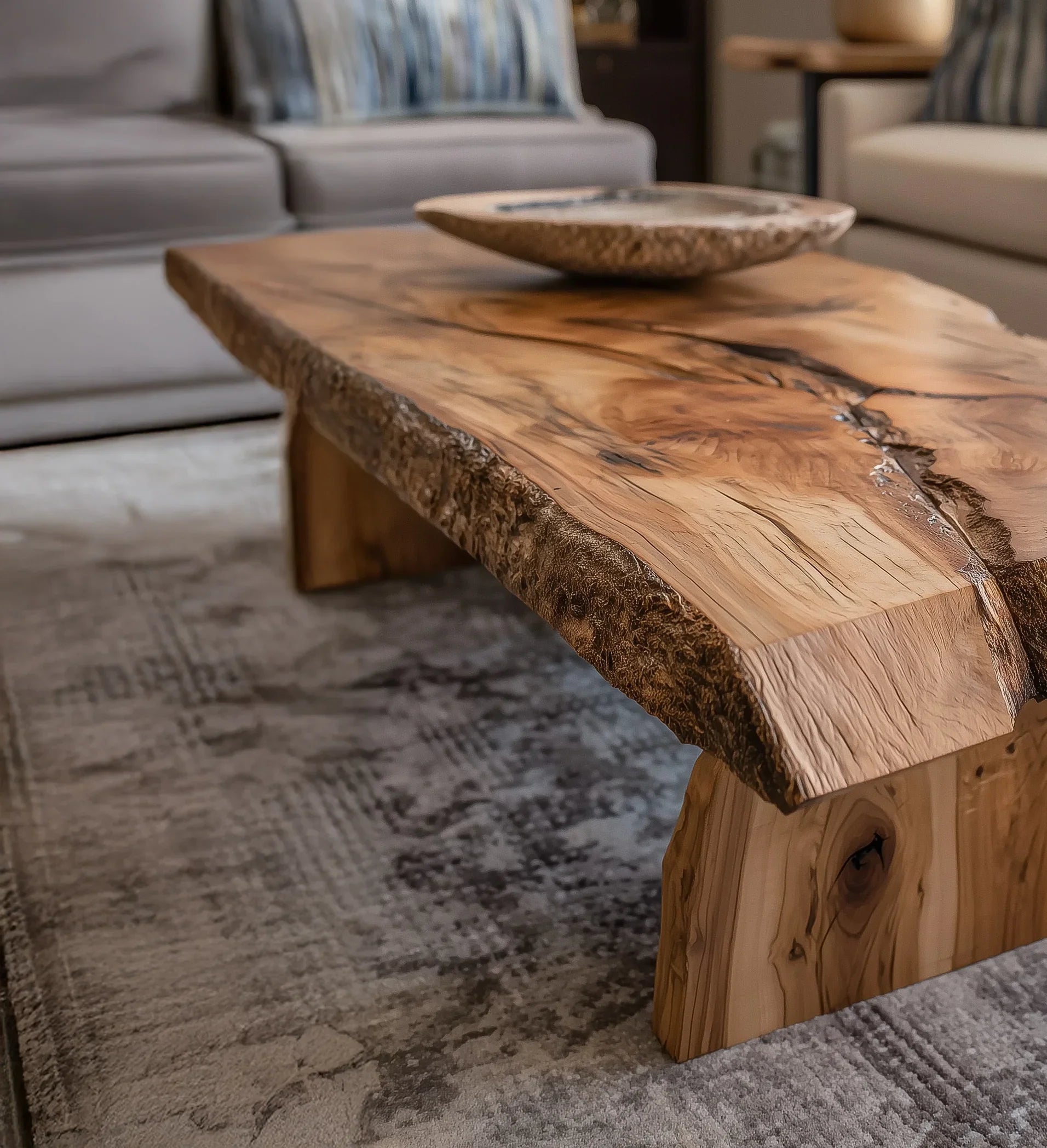 Live edge wooden coffee table with natural grain and textured edges in modern living room