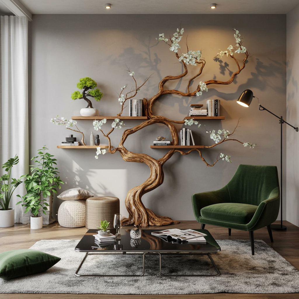 Tree bookshelf with live edge wooden shelves and decorative plants in a modern living room