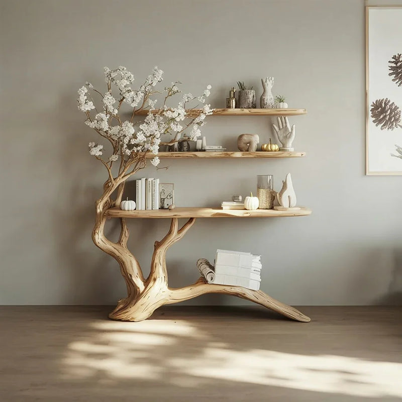 Solid wood tree bookshelf with live edge shelves, decorated with books and ornaments in a modern room