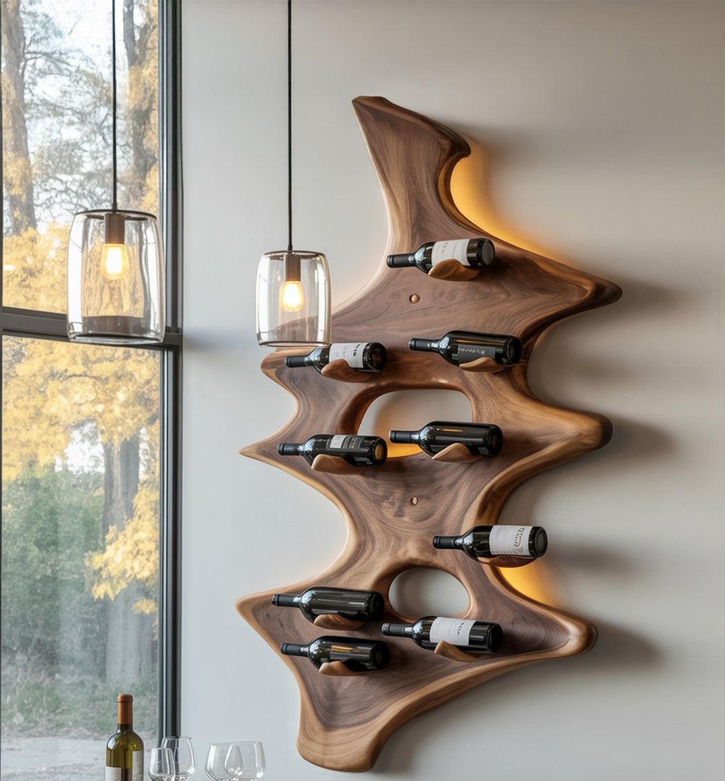 Modern wall-mounted wooden wine rack with unique design holding nine bottles, near pendant lights
