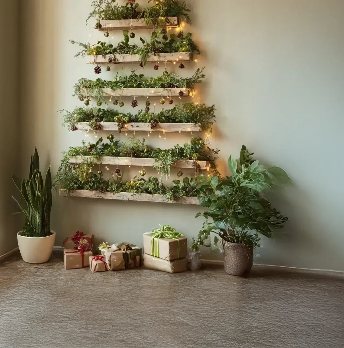 Indoor wall-mounted wooden shelves with green plants and fairy lights forming a Christmas tree shape