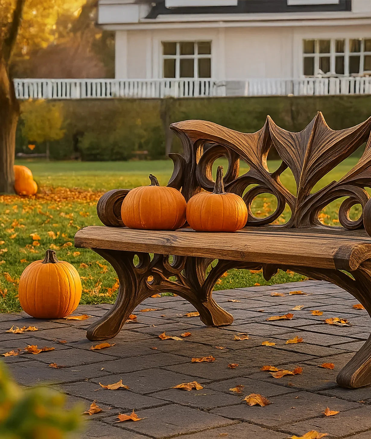 Wooden bench with carved details holding three orange pumpkins on a patio with autumn leaves