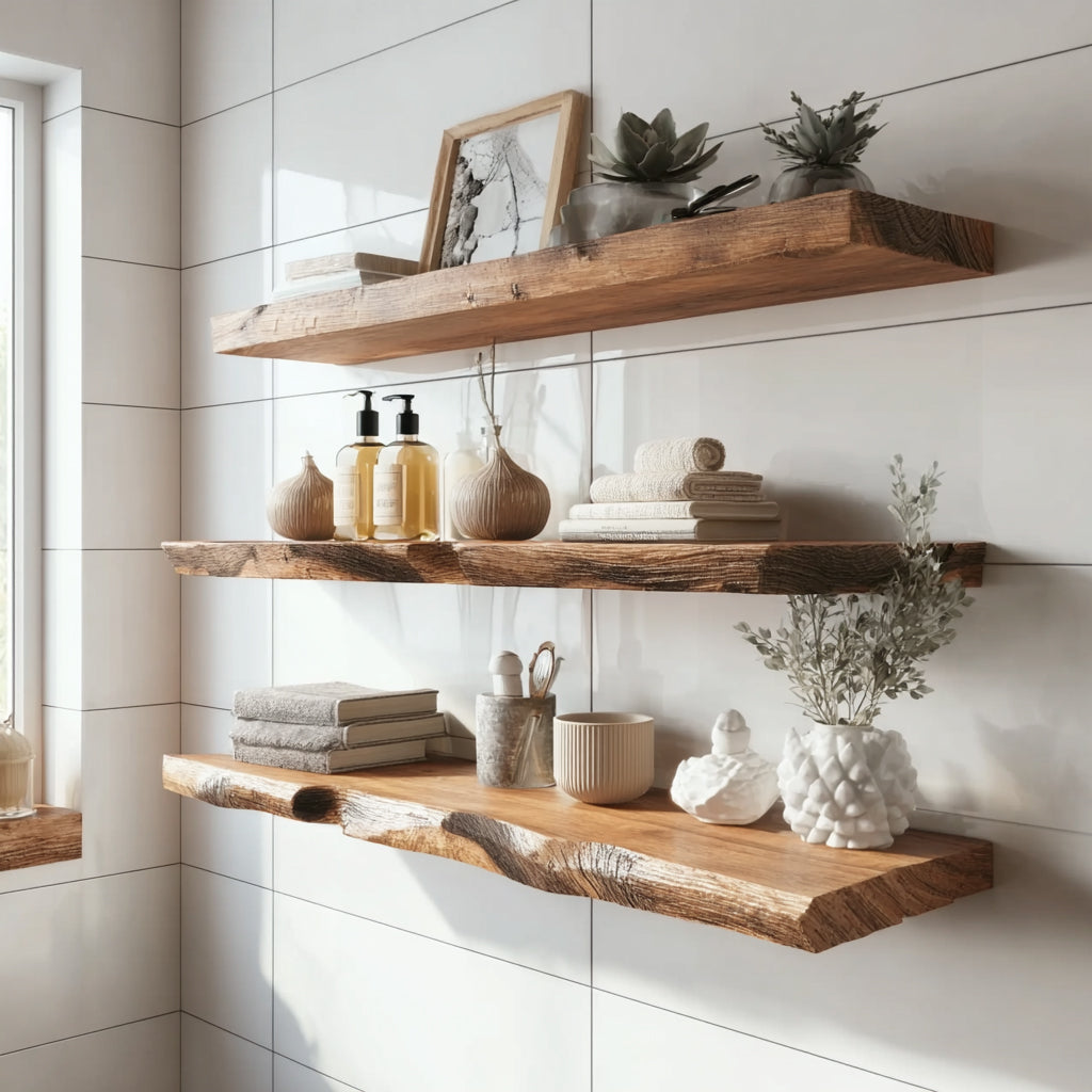 Rustic wooden floating shelves with decorative vases, towels, soap dispensers, and greenery in a bright bathroom
