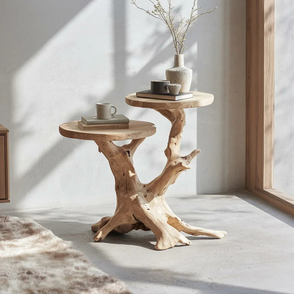 Handcrafted Tree Trunk End Table – Natural Wood Two-Tier Side Table, L