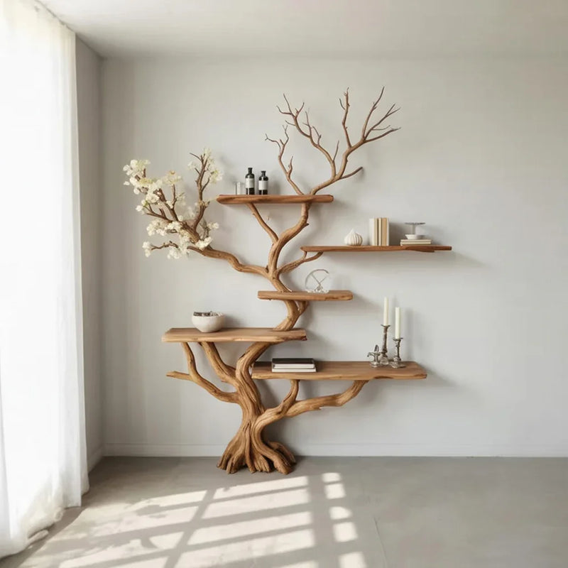 Solid wood tree bookshelf with floating shelves, live edge design, in a minimalist room