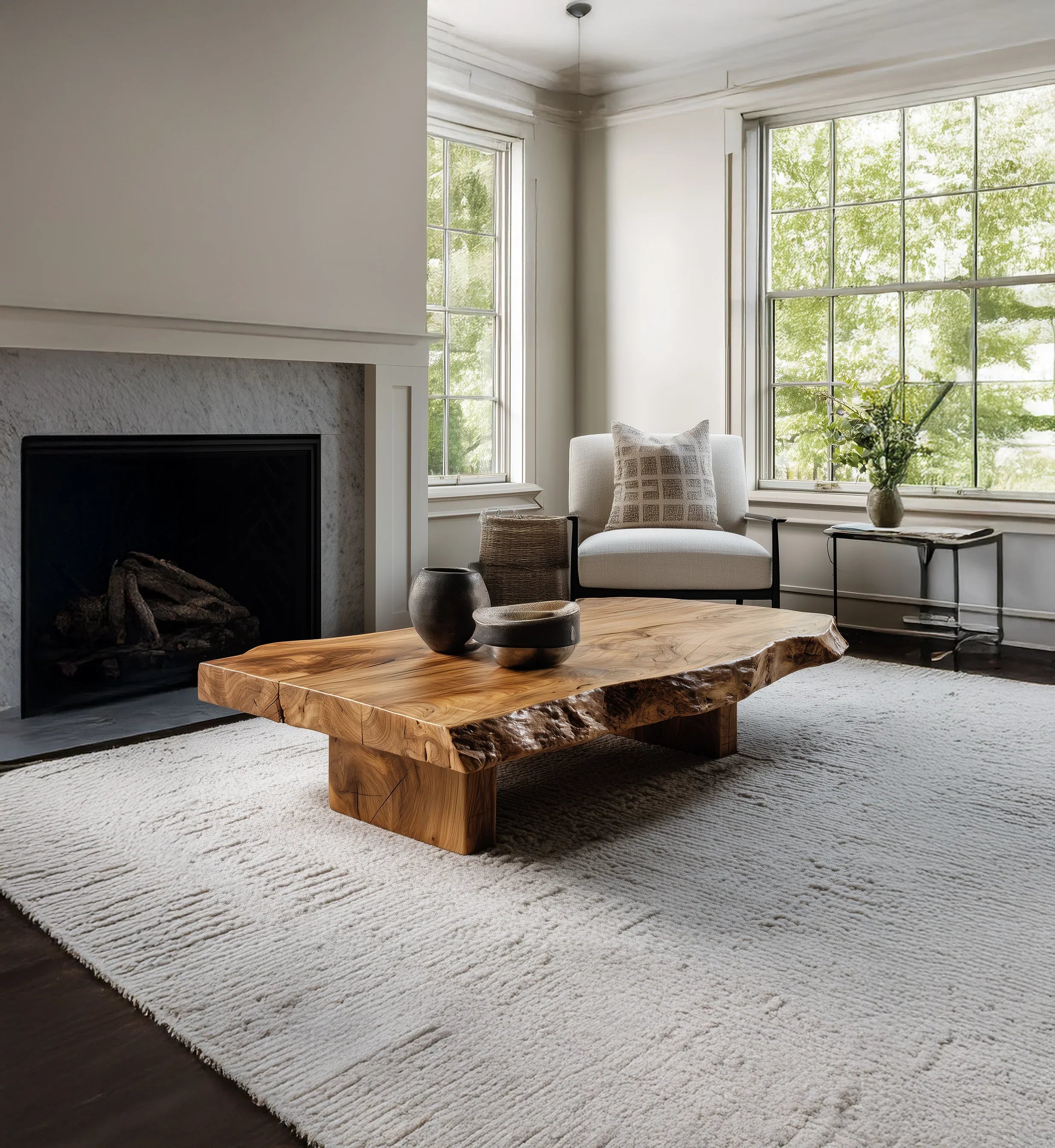 Modern living room with live edge wood coffee table, white armchair, fireplace, and large windows