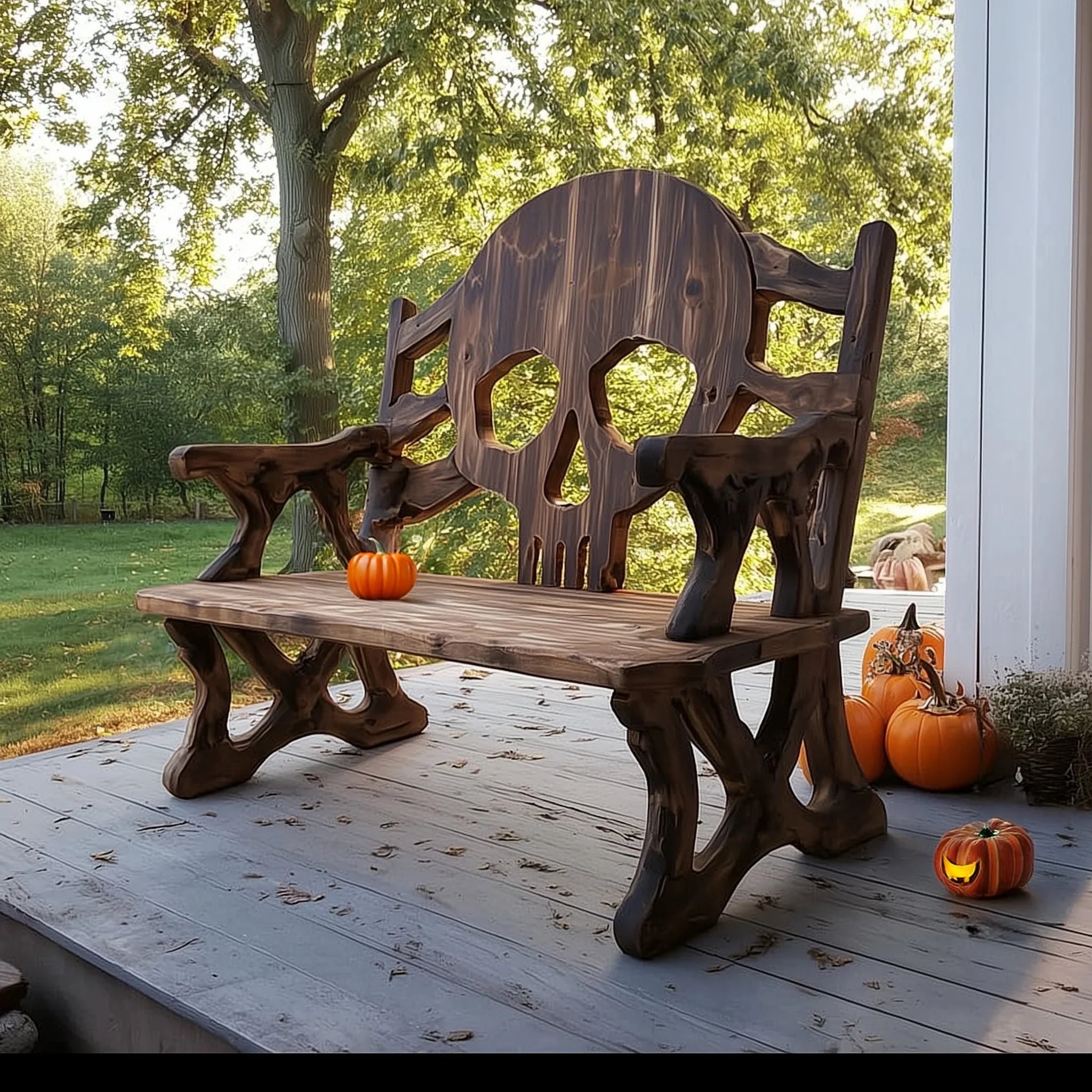 Rustic wooden bench with skull-shaped backrest on porch decorated with pumpkins for Halloween