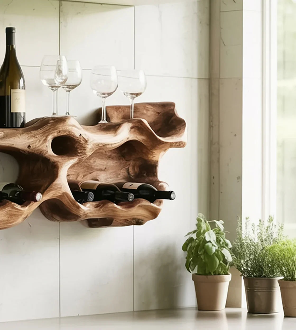 Live edge solid wood wine rack holding wine bottles and glasses in a modern kitchen setting