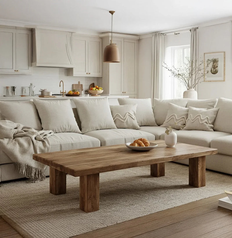 Modern cozy living room with beige sectional sofa, wooden coffee table, and neutral kitchen in background