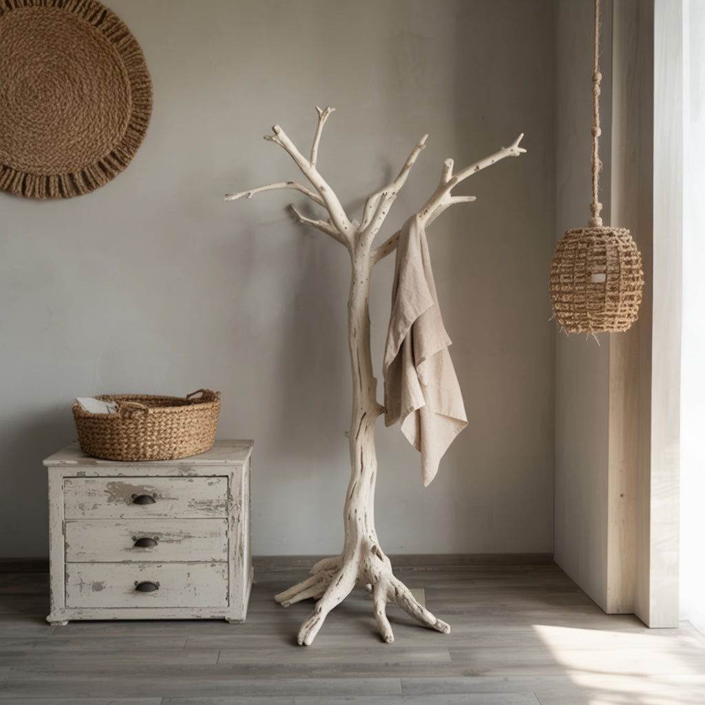 Minimalist interior with white wooden tree coat rack, rustic chest, woven baskets, and hanging wicker light