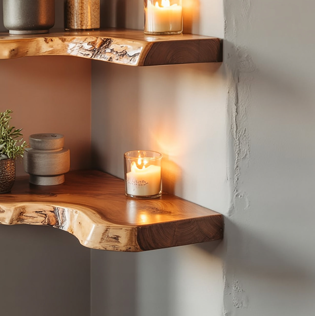 Live edge floating wood shelves decorated with candles and small decor items