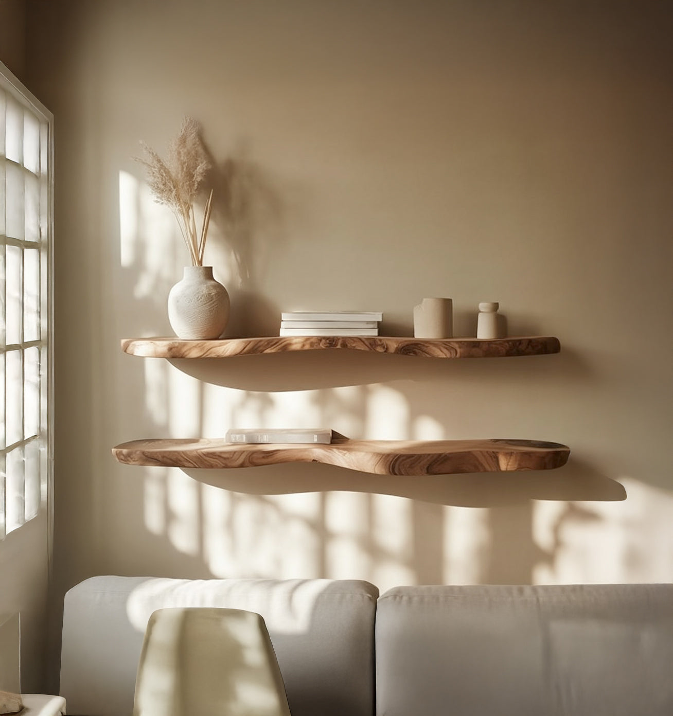 Live edge floating wood shelves with minimalist decor above a sofa in natural light.