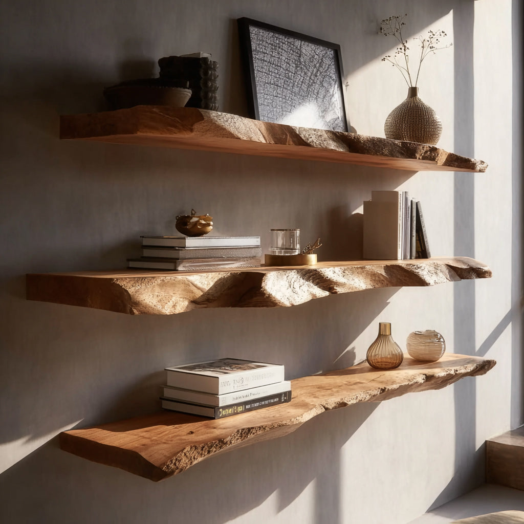 Three floating live edge wooden shelves with books, decorative vases, and art frame on beige wall