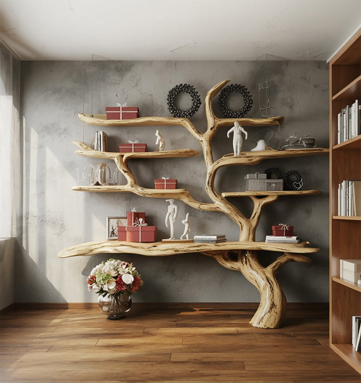 Unique tree-shaped wooden shelf with red gift boxes, white sculptures, and decorative wreaths