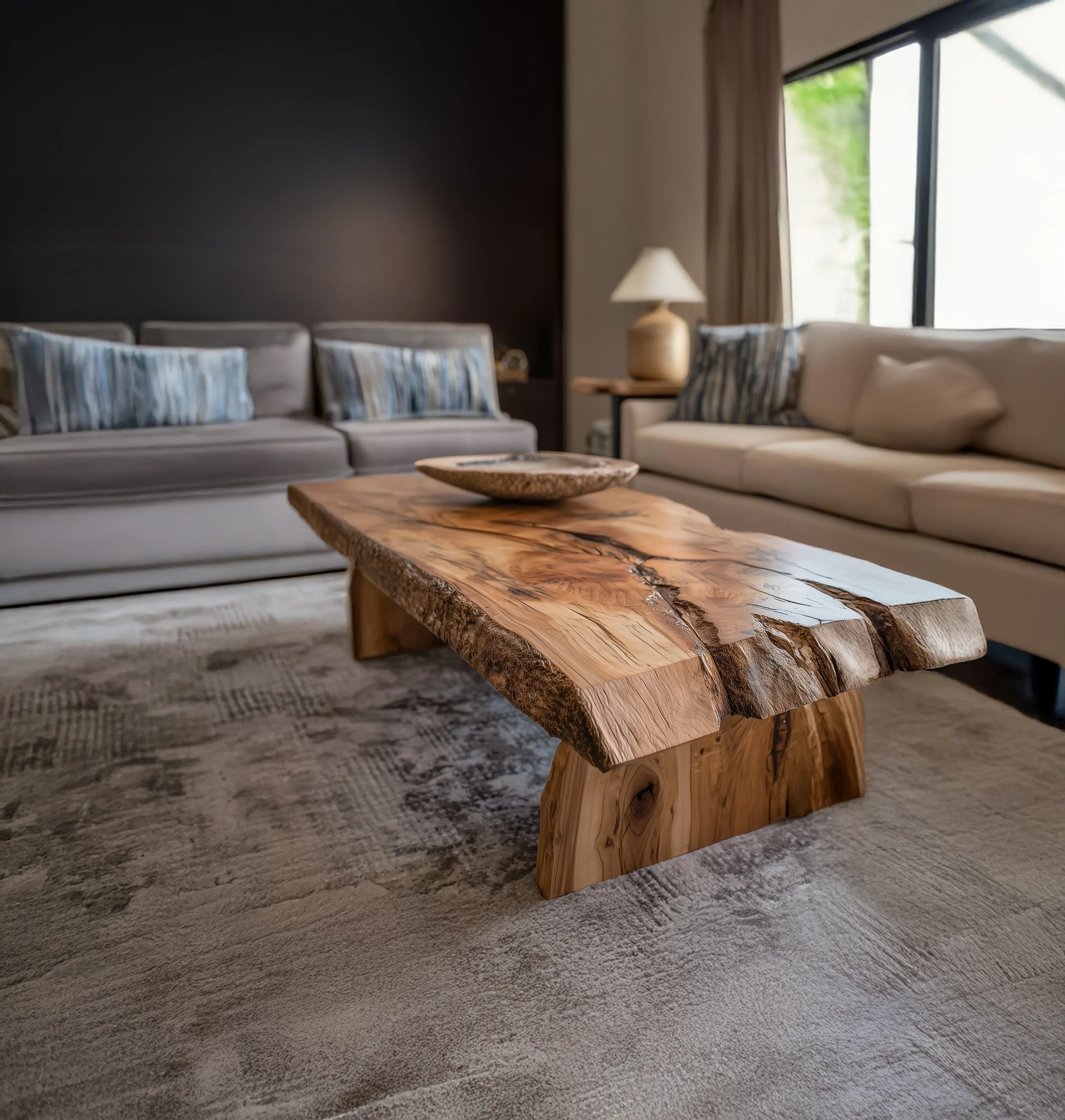 Living room with natural wood coffee table, beige and gray sofas, decorative pillows, and a lamp