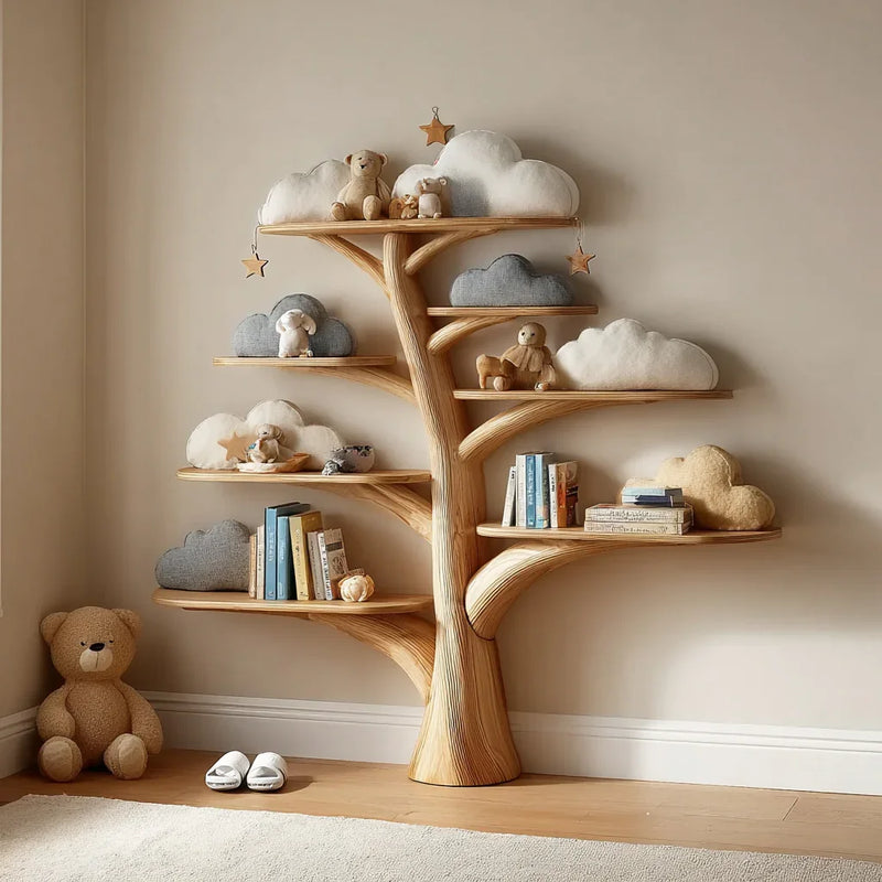 Tree-shaped wooden bookshelf with cloud details, kids' books, and plush toys in a cozy room.