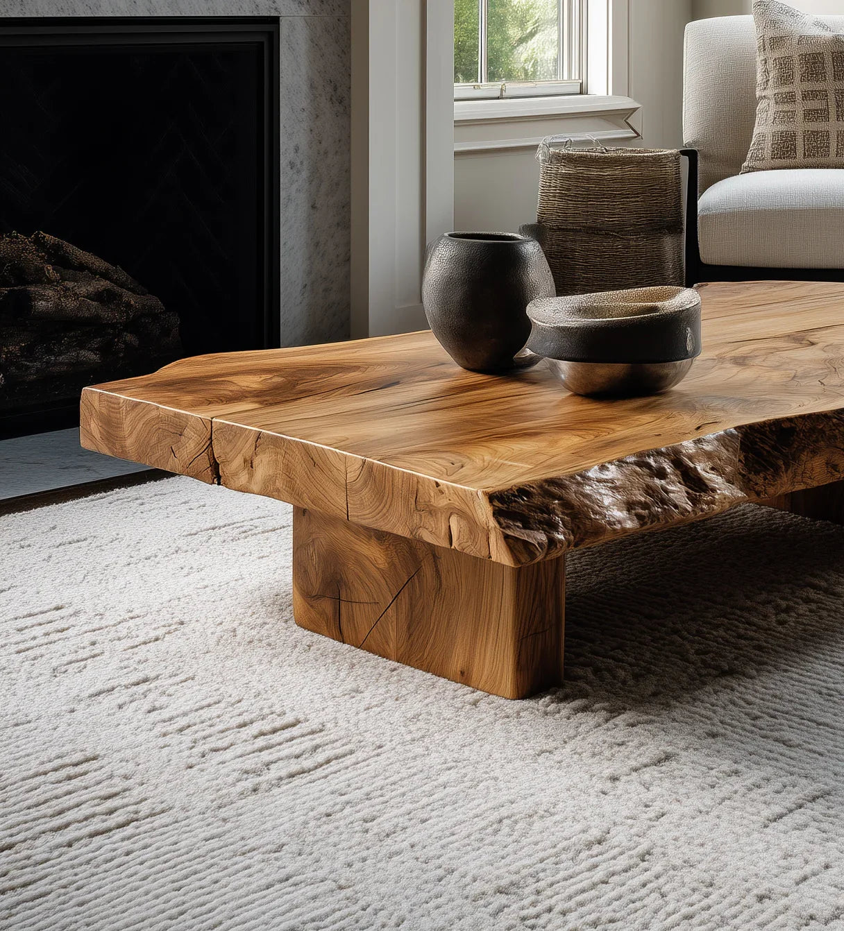 Natural live edge wooden coffee table with textured pottery on a white rug in modern living room