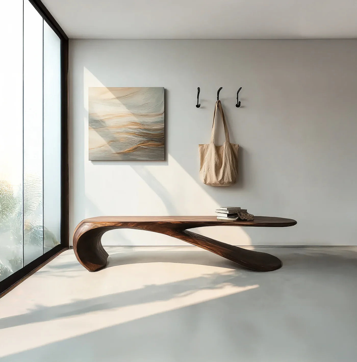Modern living room with sculptural solid wood live edge coffee table in natural light