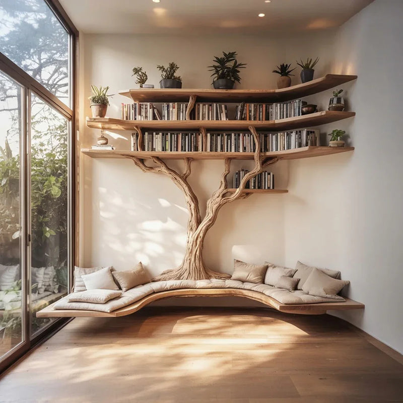 Modern wooden tree-shaped bookshelf and curved bench with cushions in cozy reading nook