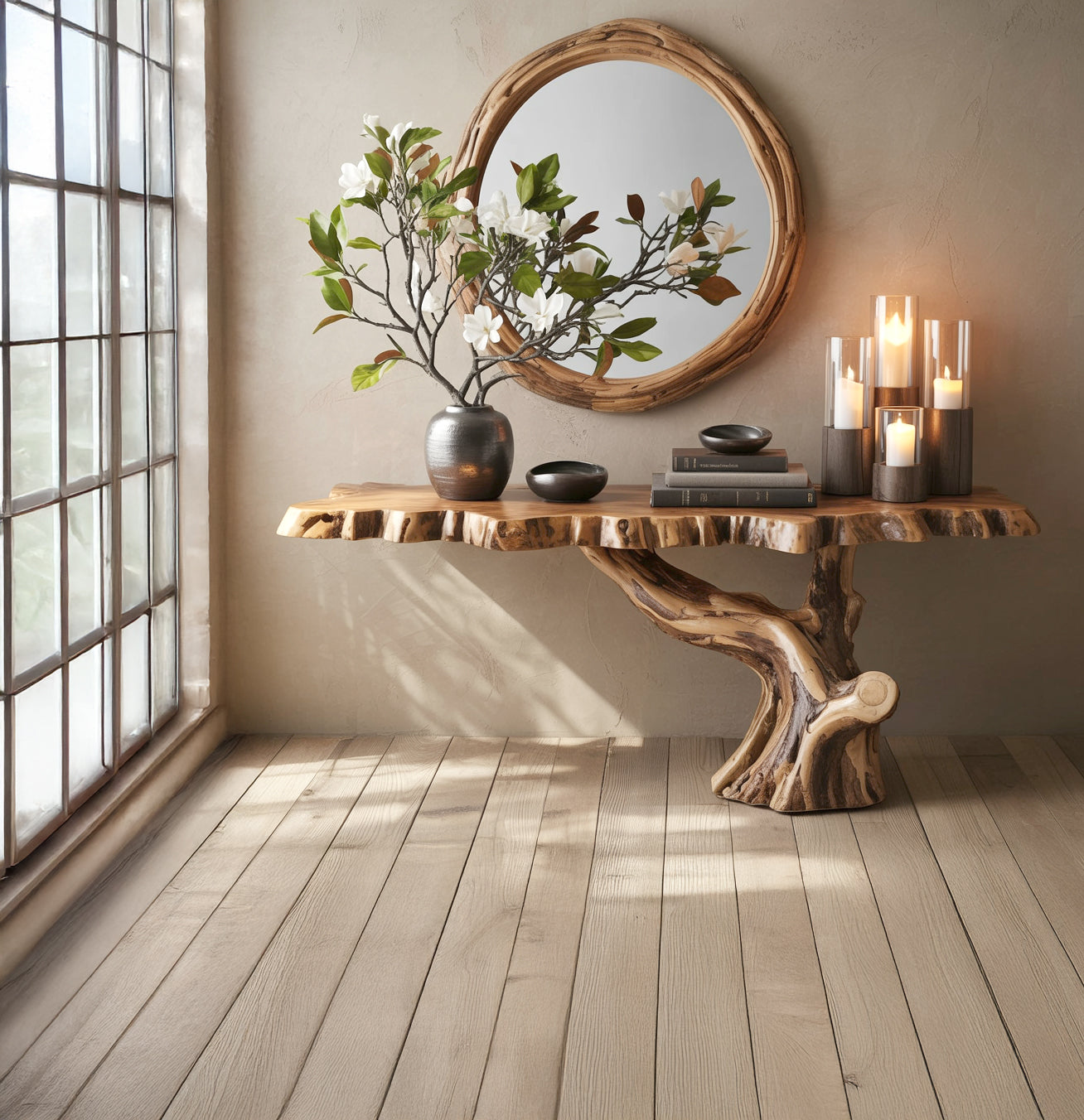 Natural wood console table with blossoming branch vase, stacked books, candles, and round wooden mirror