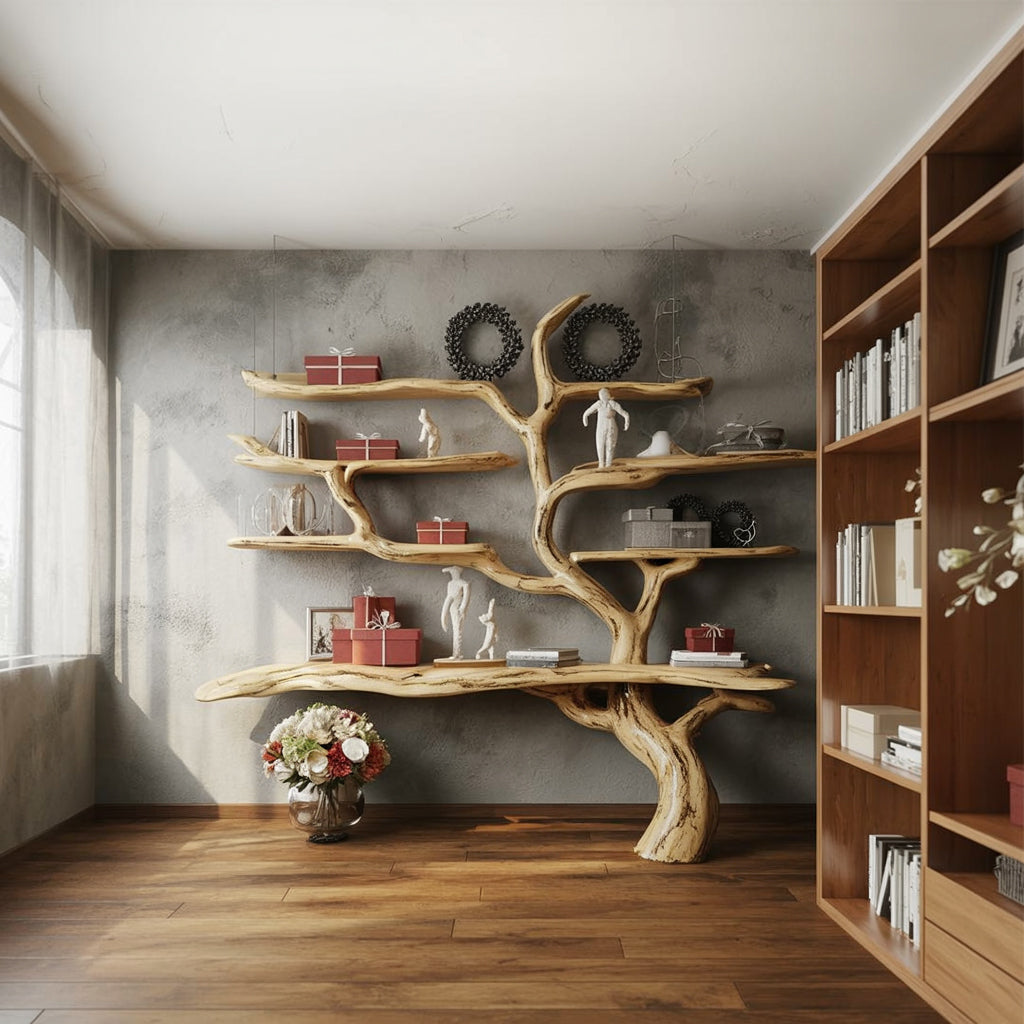Living room with unique tree-shaped wooden shelves holding red gift boxes, figurines, and wreaths