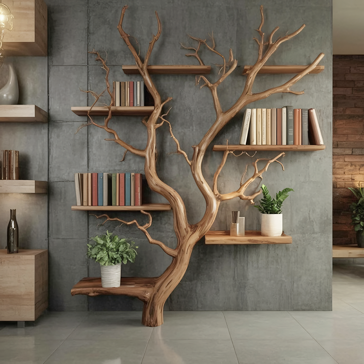 Modern living room with wooden branch-shaped bookshelf holding books and potted plants against concrete wall