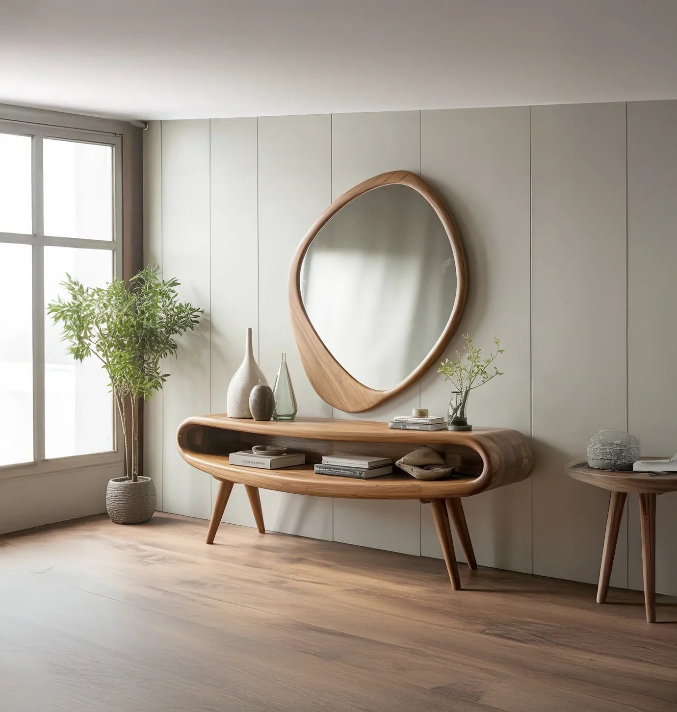Modern wooden console table with curved design, decorative vases, books, and abstract mirror in bright room