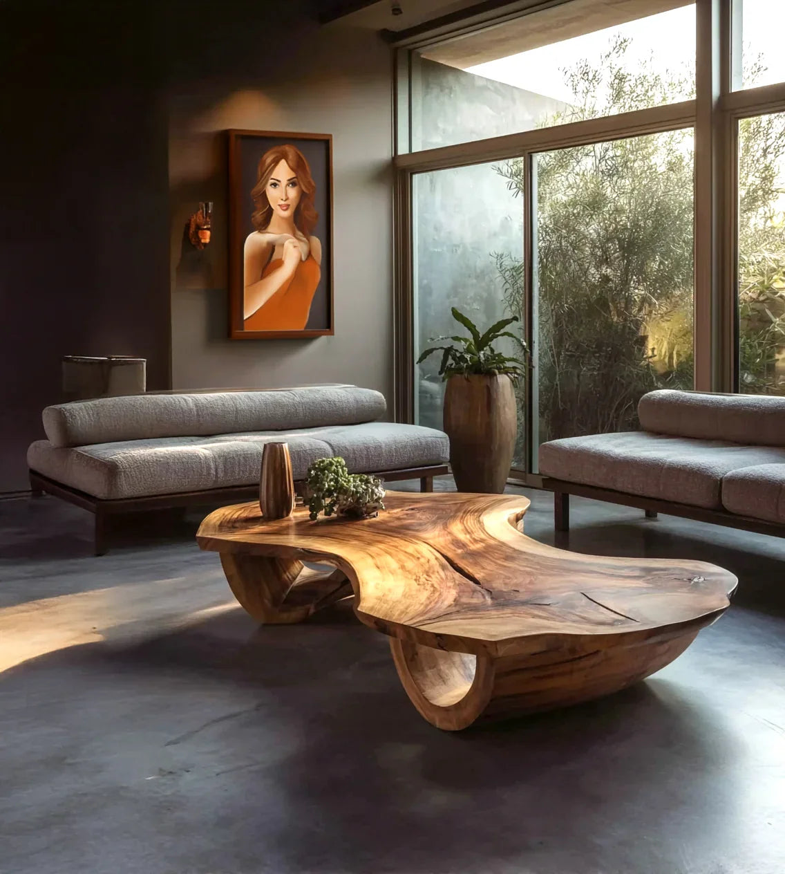 Modern living room with natural wood coffee table, gray sofas, large window, and portrait art