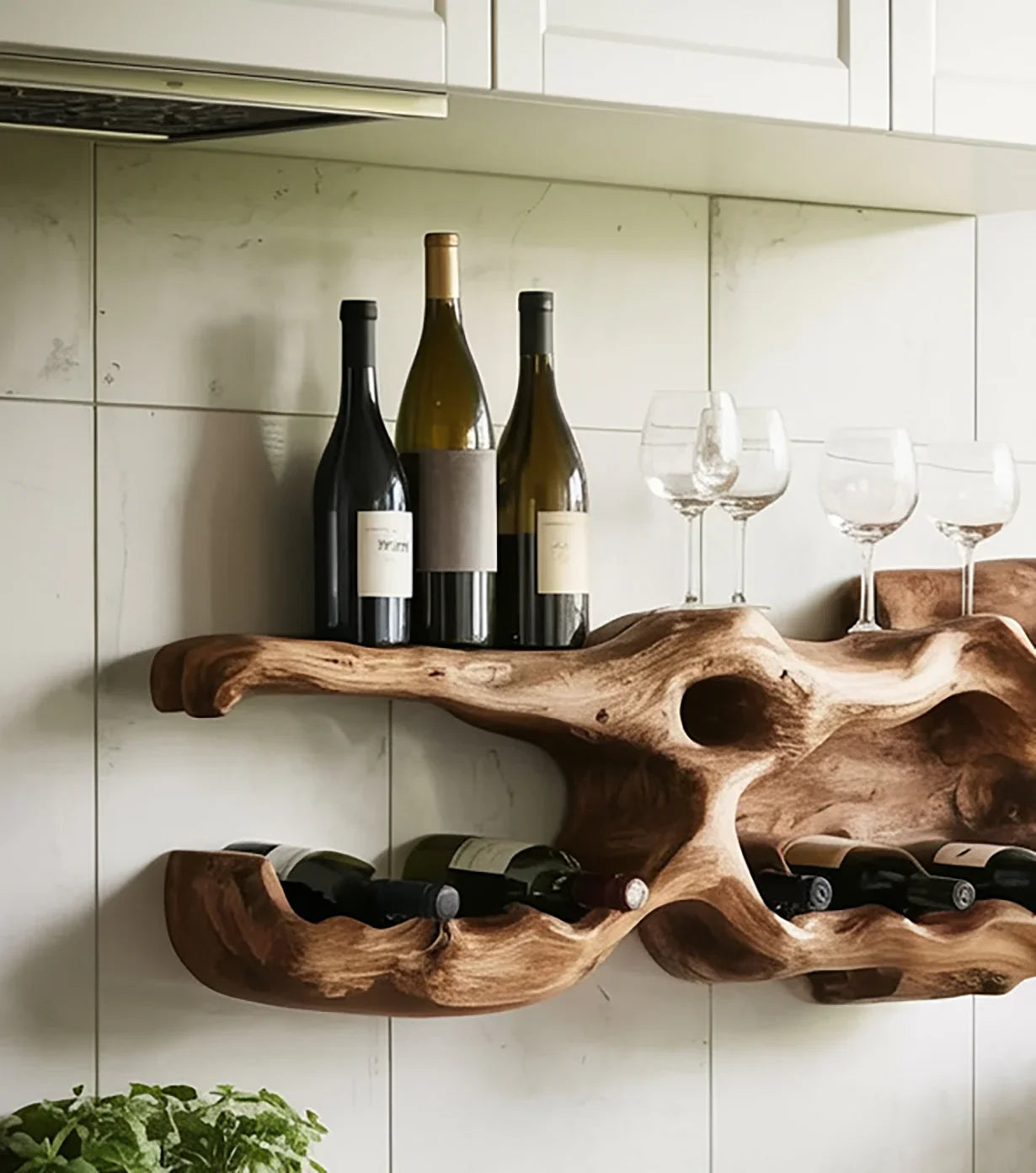 Live edge solid wood wall-mounted wine rack with wine bottles and glasses in modern kitchen