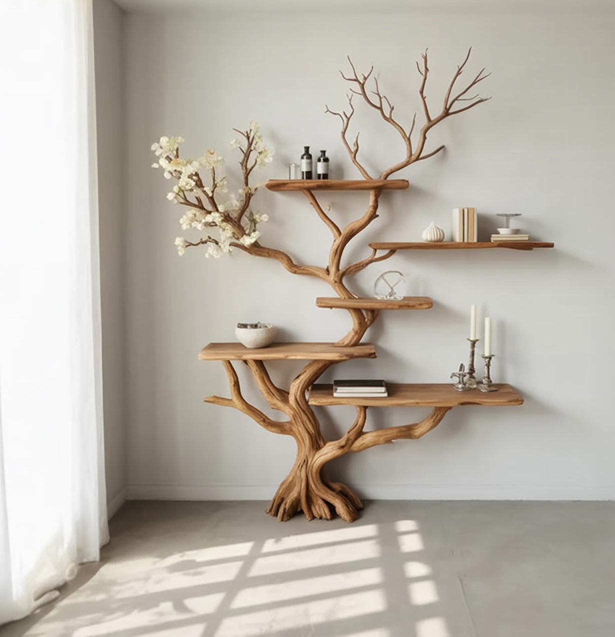 Live edge solid wood tree bookshelf with decorative items in a modern minimal living room