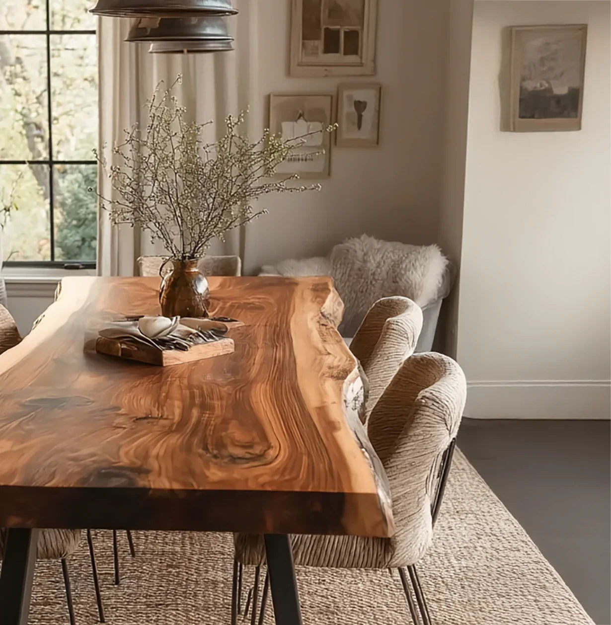 Live edge solid wood dining table in modern room with upholstered chairs and rustic decor