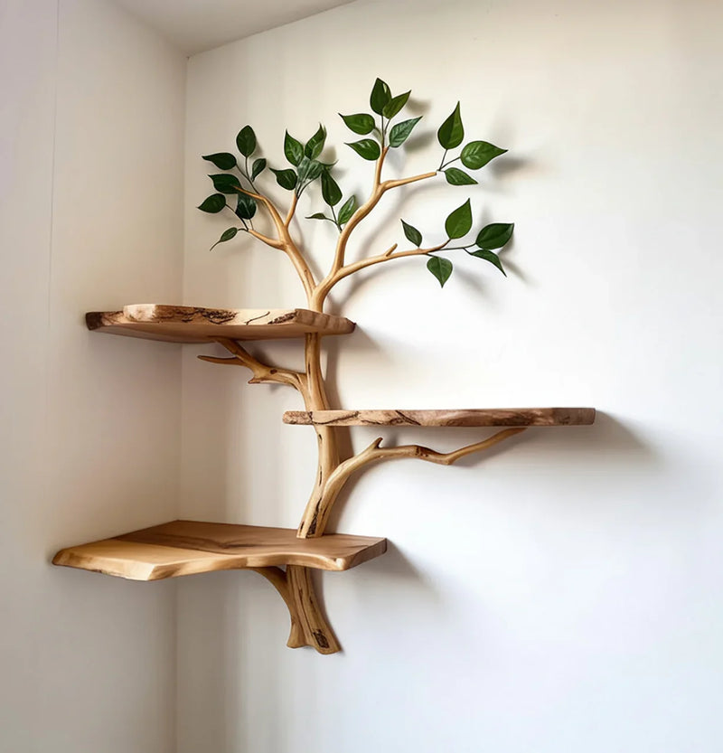 Solid wood tree-shaped corner bookshelf with live edge shelves and decorative leaves