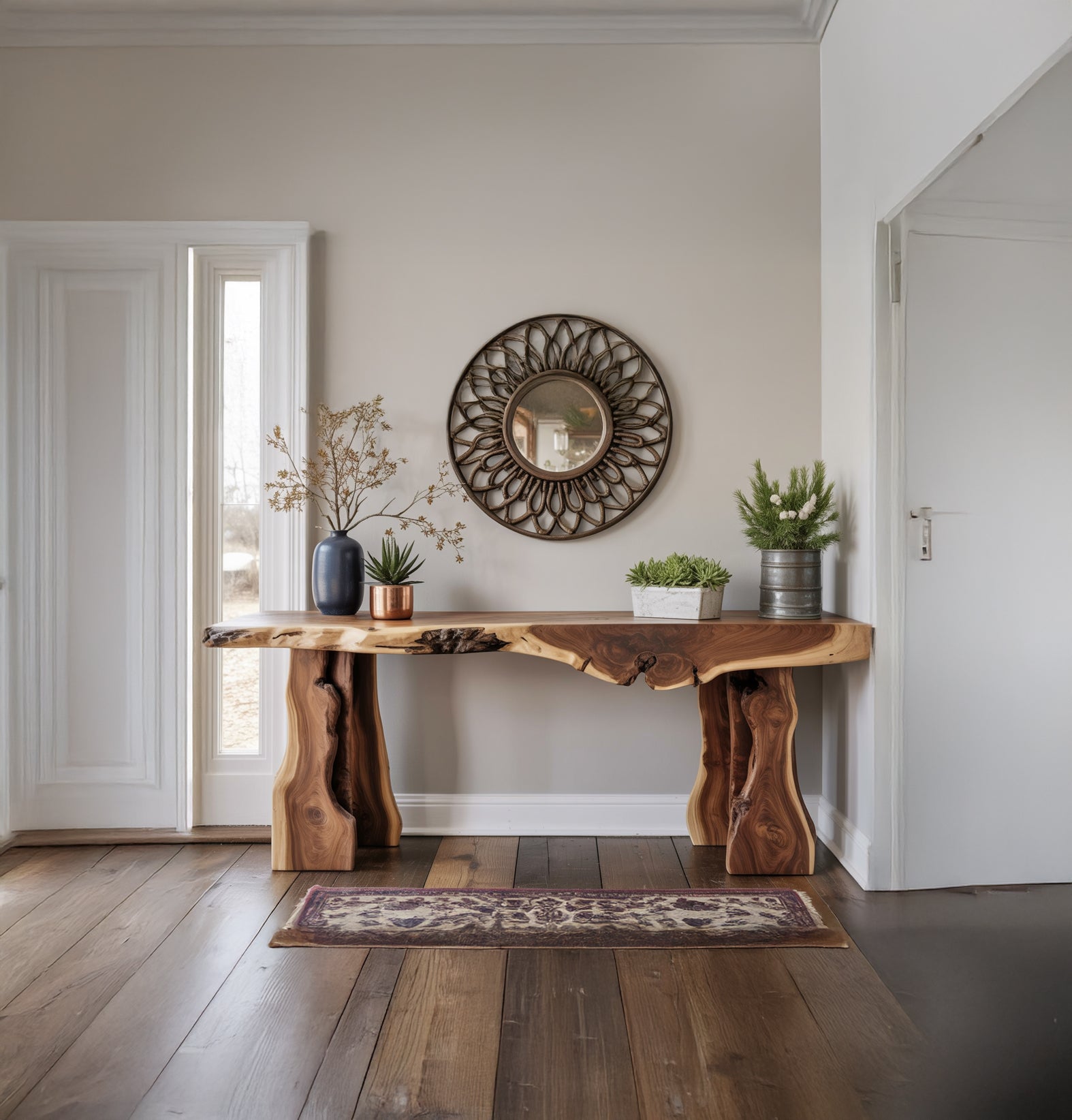 Rustic wooden console table with decorative plants and round ornate wall mirror in modern entryway