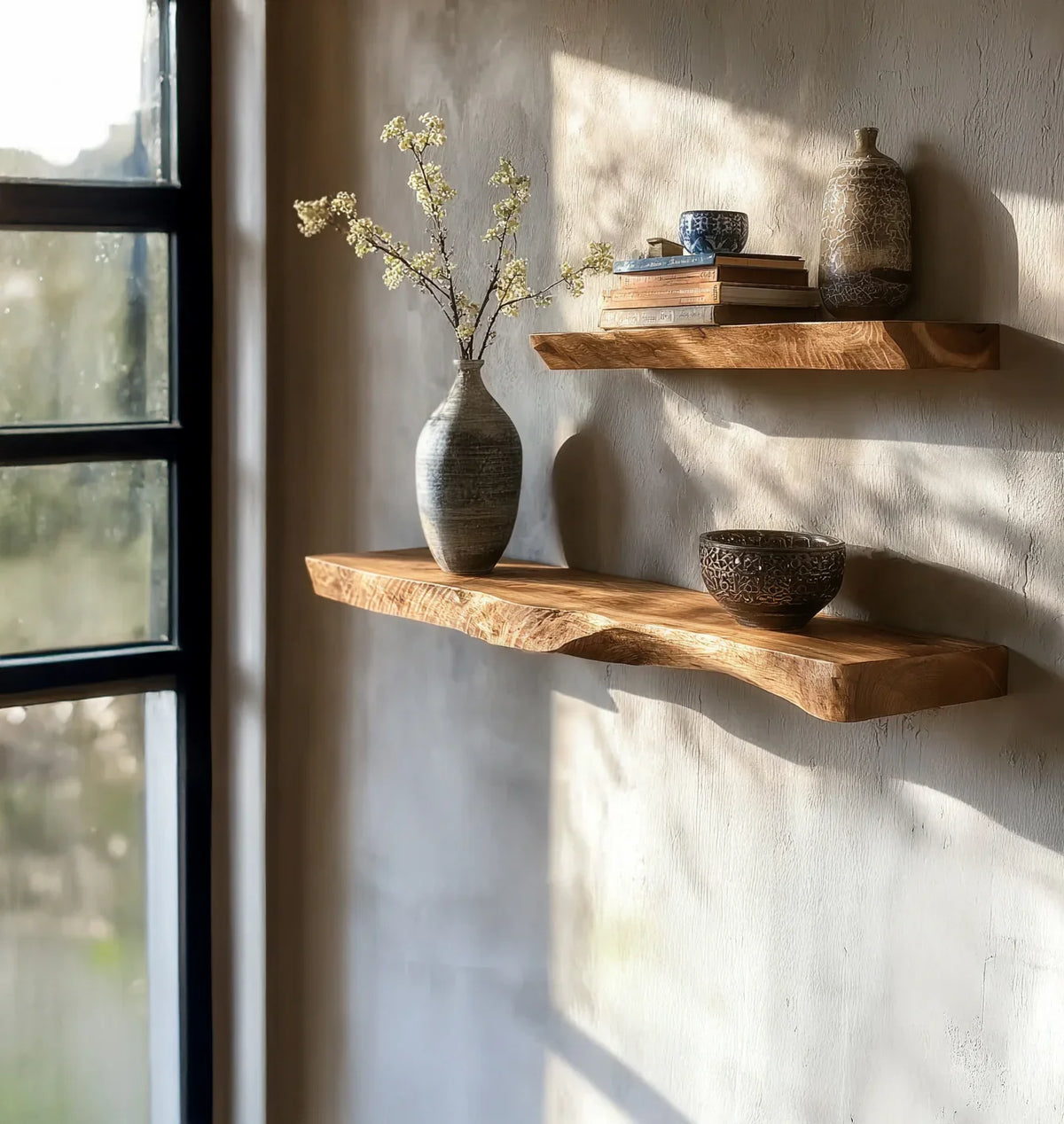 Natural wood floating shelves with decorative vase, ceramic bowl, books, and blue cup by window