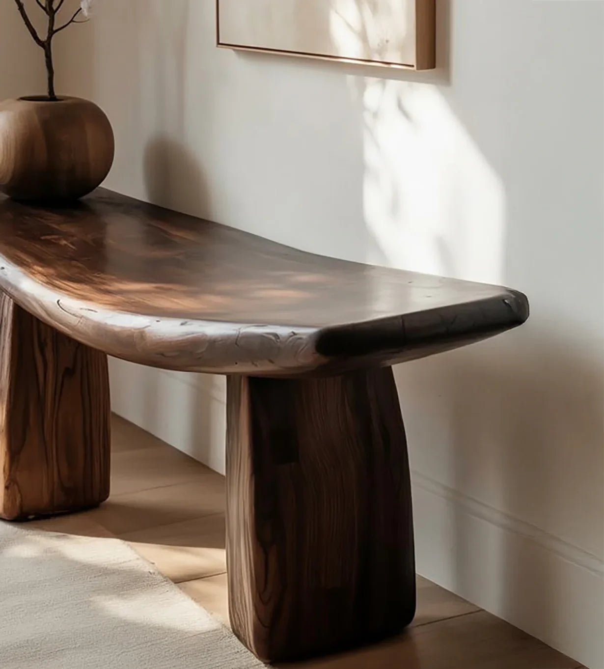 Solid wood live edge bench in natural light, modern rustic interior