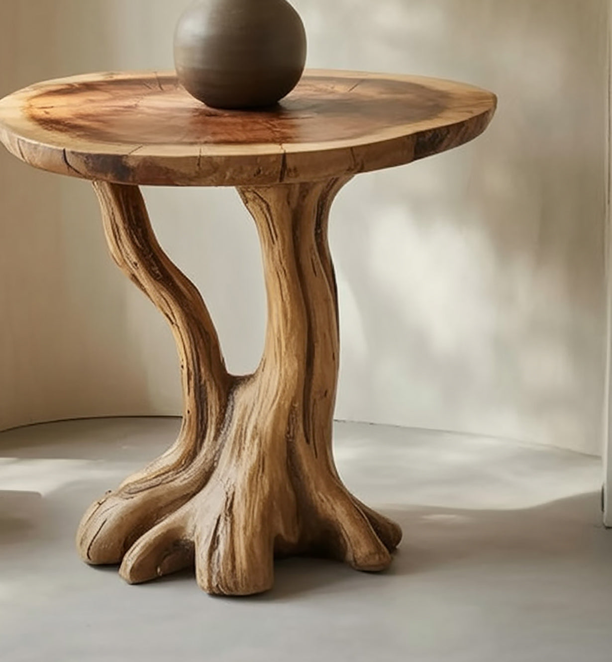Rustic wooden side table with natural tree trunk base and round top holding a spherical object