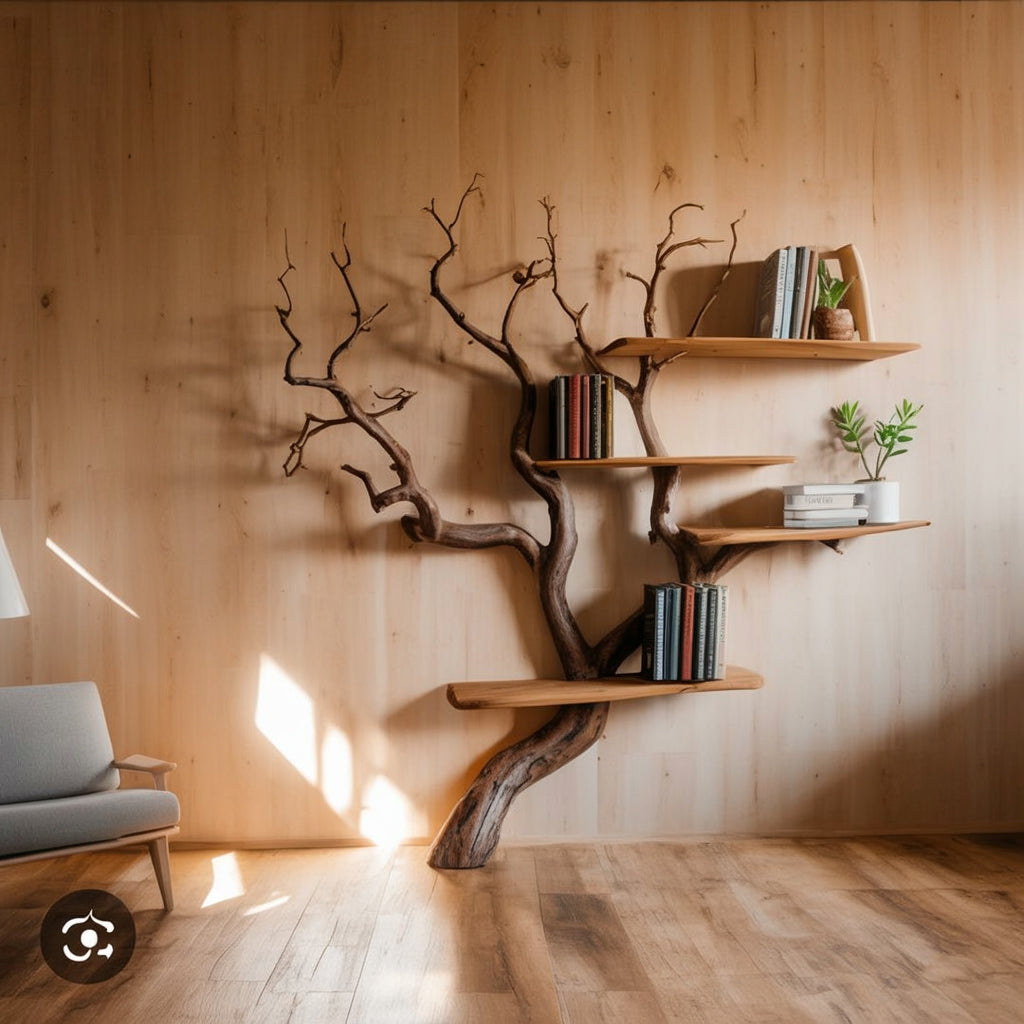 Live edge wooden tree bookshelf with books and plants against a light wood wall in a modern room.