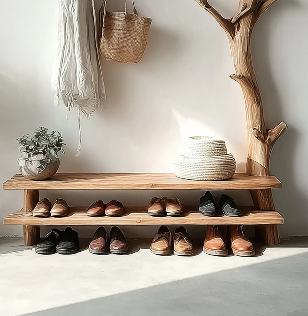 Rustic wooden shoe rack with multiple pairs of shoes, woven baskets, plant, and hanging tote bag