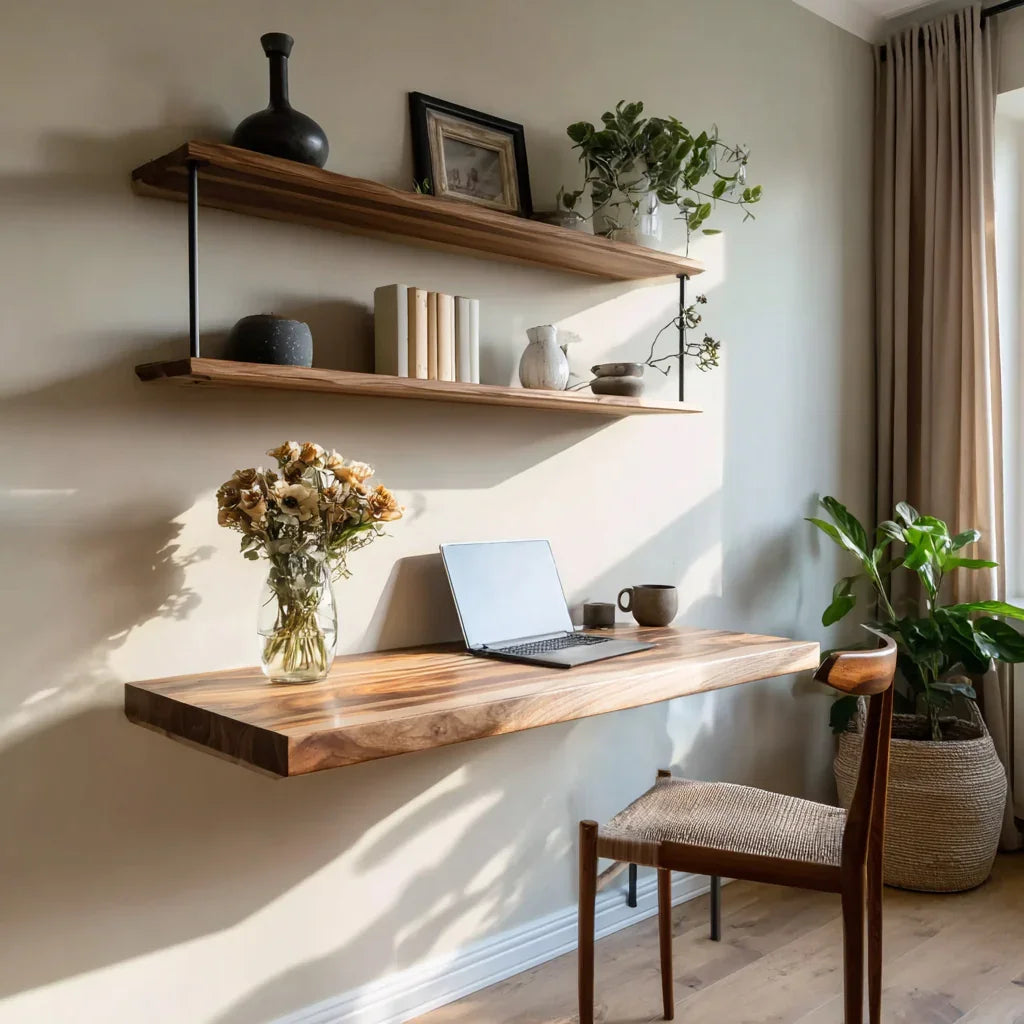 Minimalist home office with floating solid wood desk, live edge shelves, and natural decor