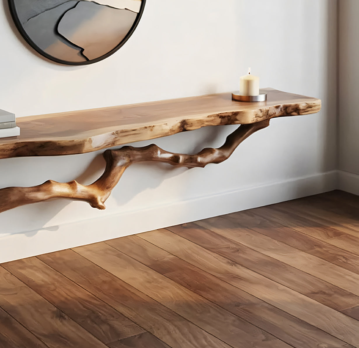 Live edge solid wood floating shelf with natural branch support in modern room