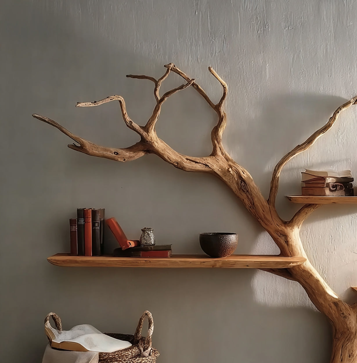 Natural wood branch bookshelf with books, decorative bowl, and woven basket on gray wall
